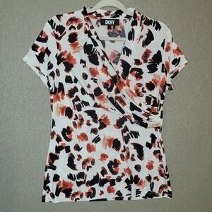 DKNY Size Large Women's Black Red White V Neck Wrap Shortsleeve Blouse